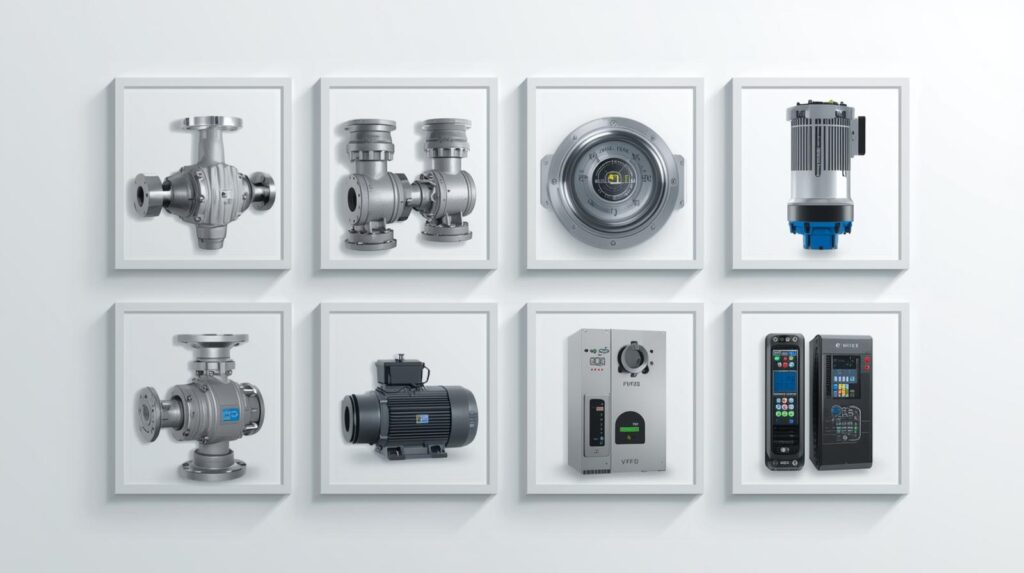 make picture all item together seperated by sqaur control valves pumps motors variable frequency drives (vfds)